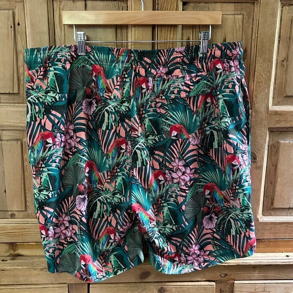 Men's Westport Black XL Tall Swim Trunks Board Shorts Tropical Green Pink Parrot